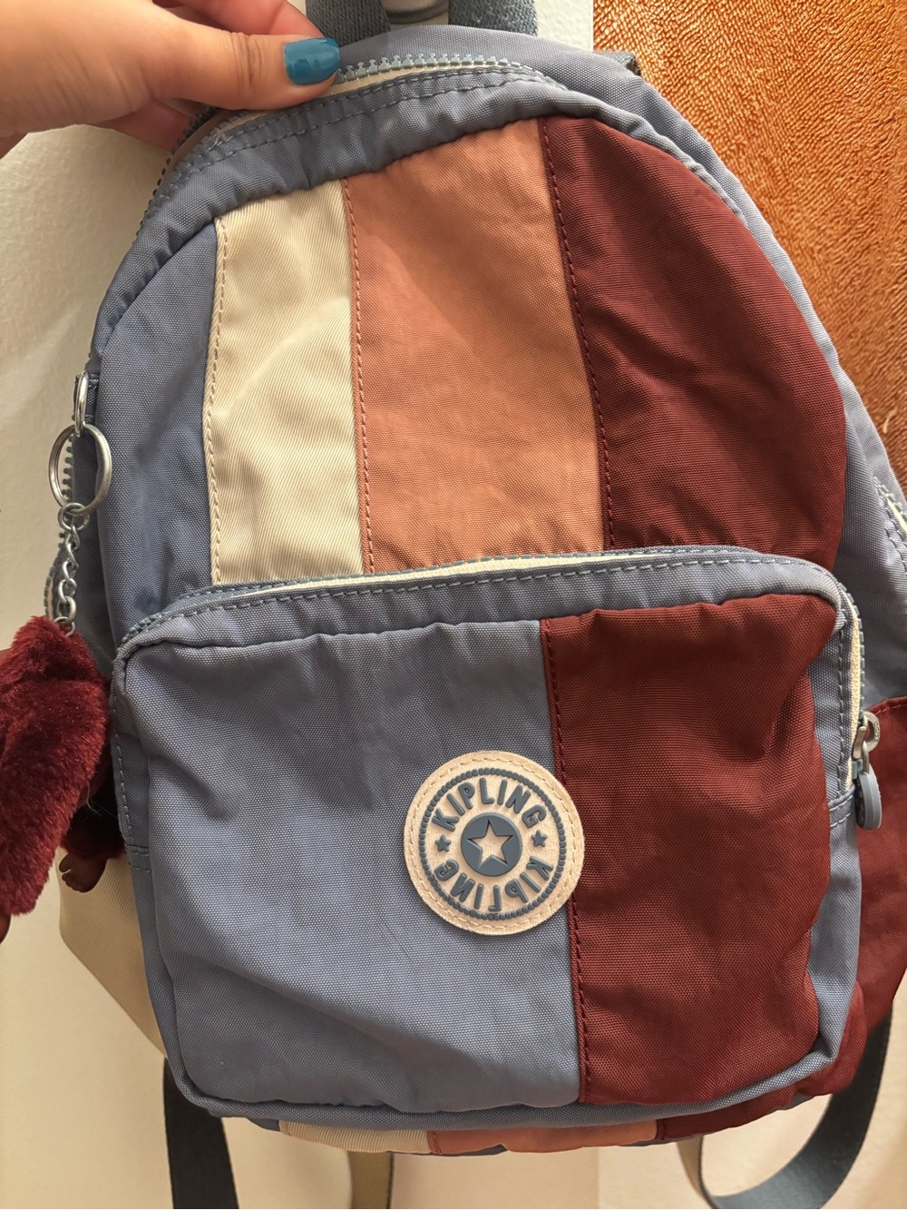 Kipling Striped Mini Backpack in Dusty Blue, Rust, Peach, Cream